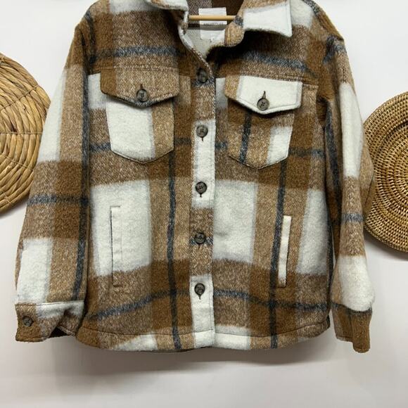 Avec Les Filles Neutral Brown White Plaid Flannel Shacket Shirt Jacket Medium - Picture 4 of 5
